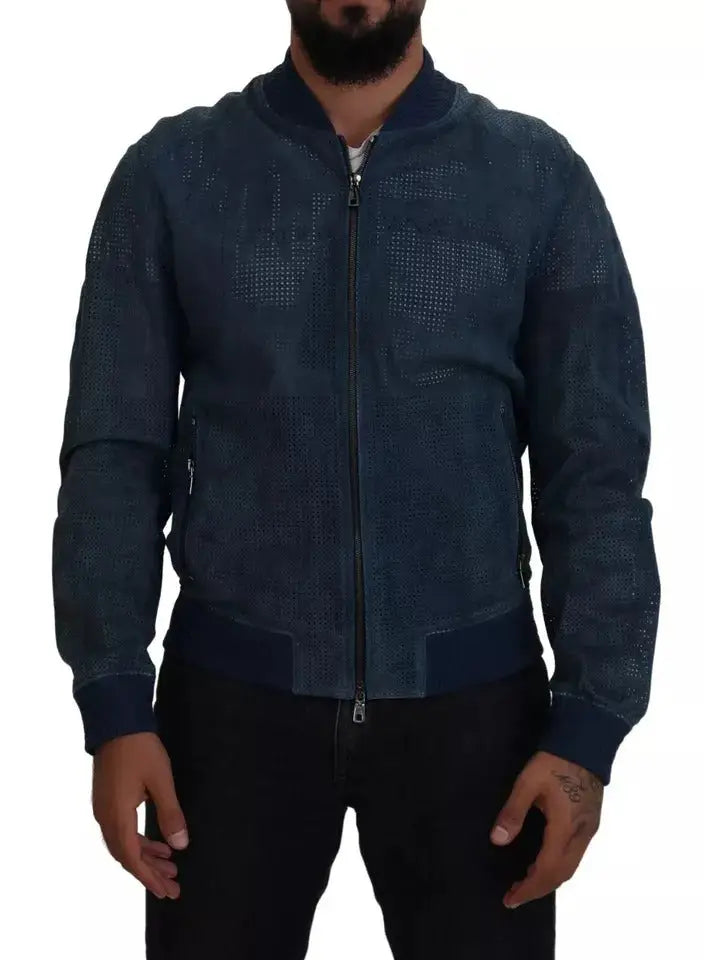 Veste bomber en daim bleu foncé dolce gabbana avec texture perforée et finitions en maille bleu marine