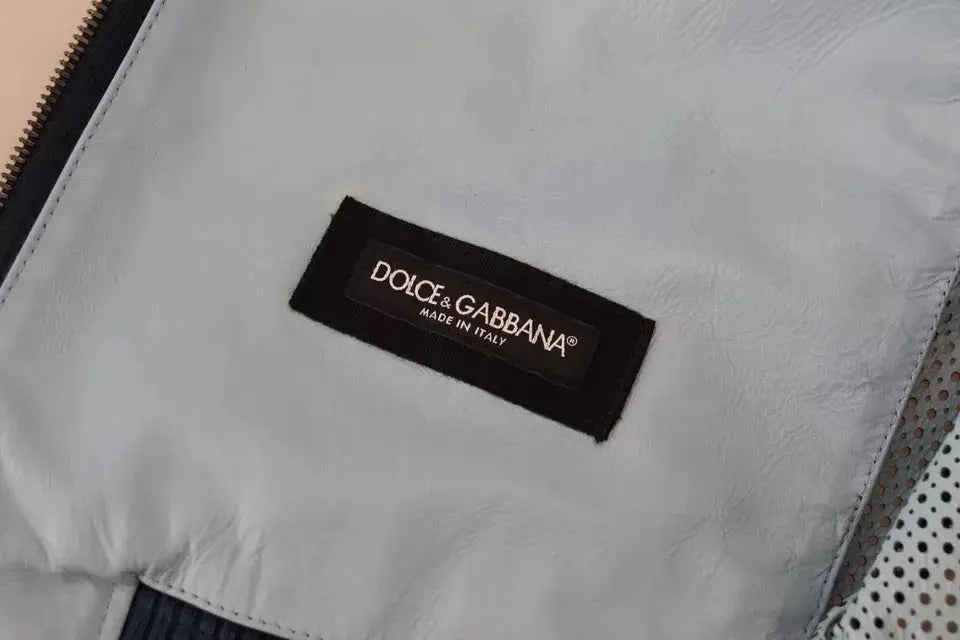 Veste dolce & gabbana pleine fermeture éclair en cuir bleu perforé avec étiquette noire made in italy gris clair