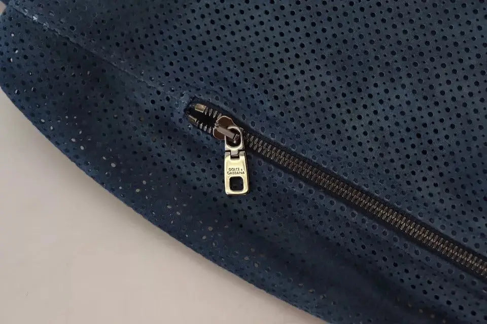 Sac en suède perforé bleu foncé avec fermeture éclair argentée dolce & gabbana pour veste zippée en cuir bleu