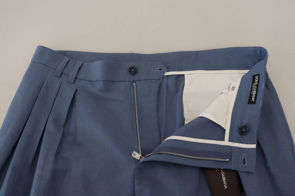 Pantalon chino formel bleu en lin dolce gabbana avec plis, fermeture éclair et bouton