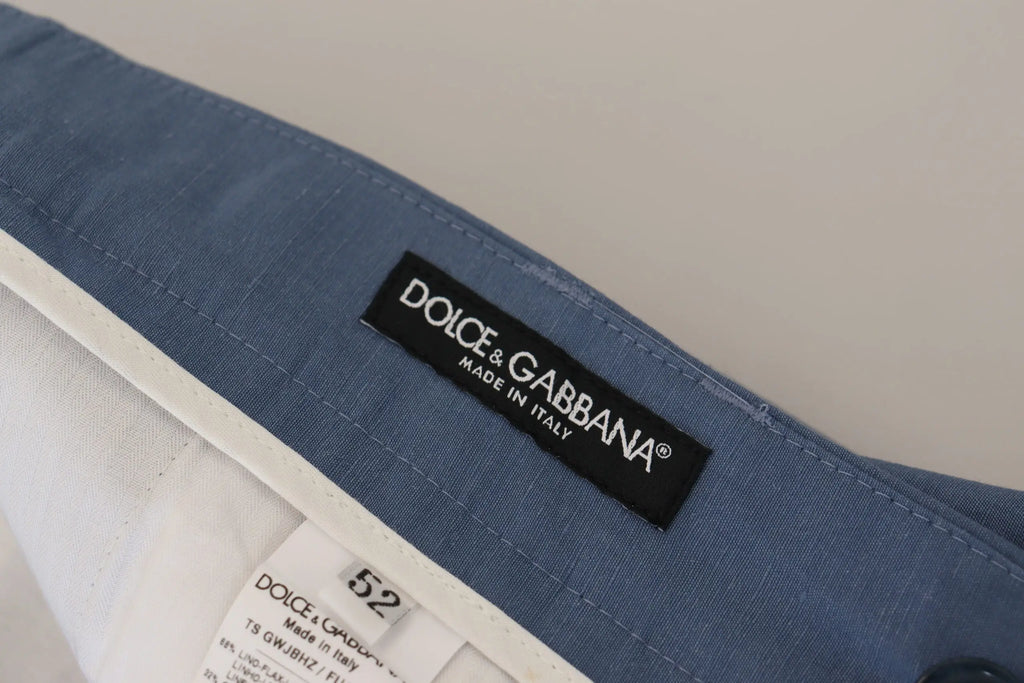 Pantalon chino formel dolce & gabbana bleu en lin avec tissu en denim bleu et étiquette noire sur la ceinture
