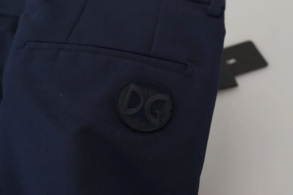 Pantalon dolce et gabbana bleu marine en lin coton slim avec patch logo dg brodé noir sur la poche arrière