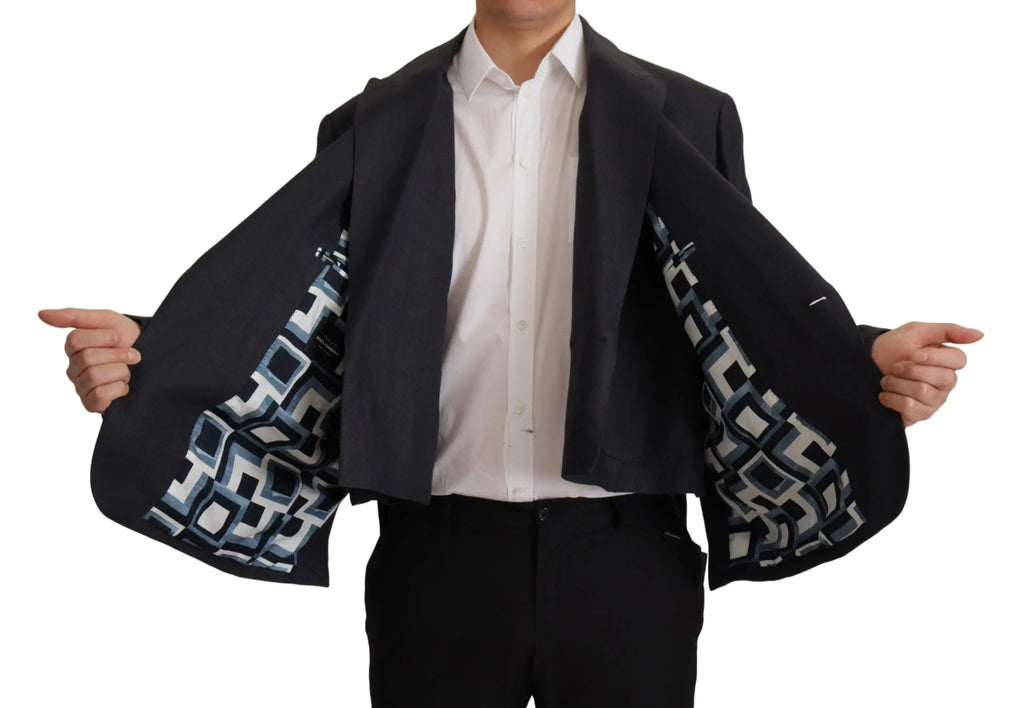 Dolce & gabbana blazer homme noir en lin avec doublure géométrique bleue et blanche pour tenue formelle