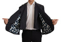 Dolce & gabbana blazer homme noir en lin avec doublure géométrique bleue et blanche pour tenue formelle