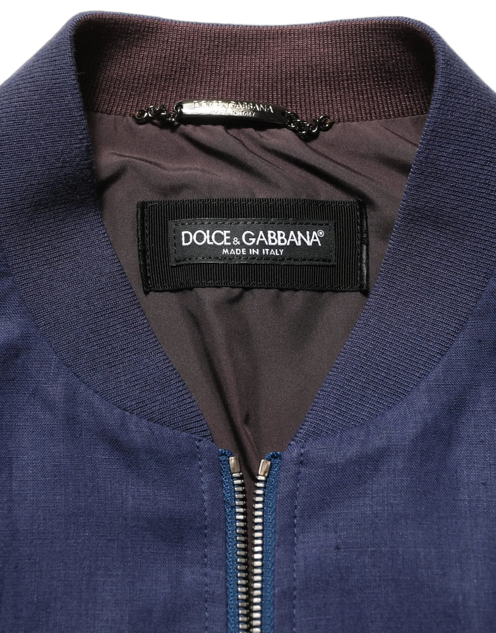 Blouson aviateur dolce gabbana bleu marine en lin avec col côtelé marron foncé et doublure intérieure contrastante