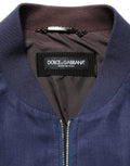 Blouson aviateur dolce gabbana bleu marine en lin avec col côtelé marron foncé et doublure intérieure contrastante