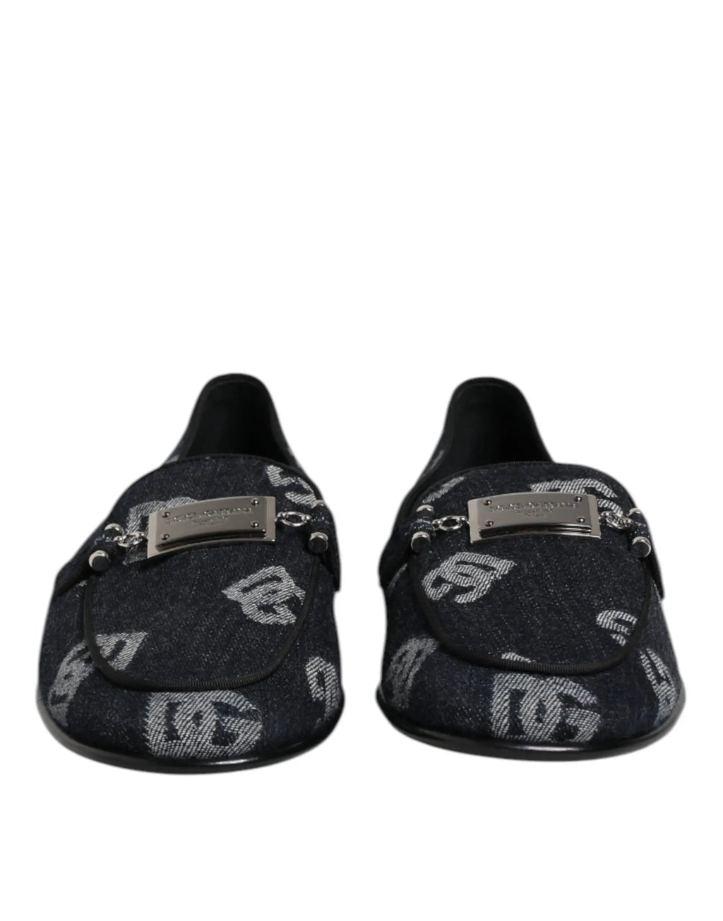 Dolce & gabbana blue logo loafers en coton bleu avec motif monogramme argenté et chaîne métallique noire