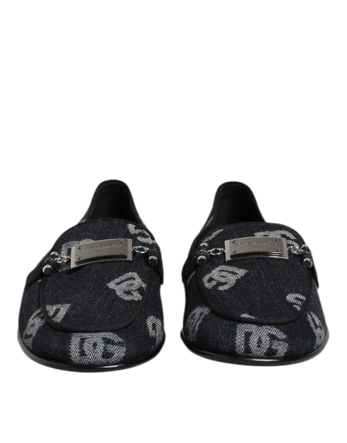 Dolce & gabbana blue logo loafers en coton bleu avec motif monogramme argenté et chaîne métallique noire