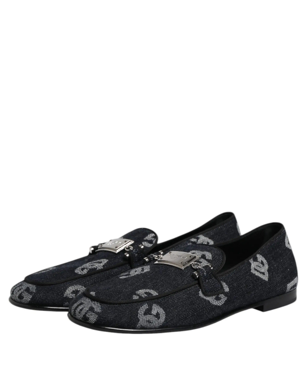 Dolce & gabbana blue logo cotton loafers noirs avec motif logo argent et boucles métalliques pour chaussures formelles