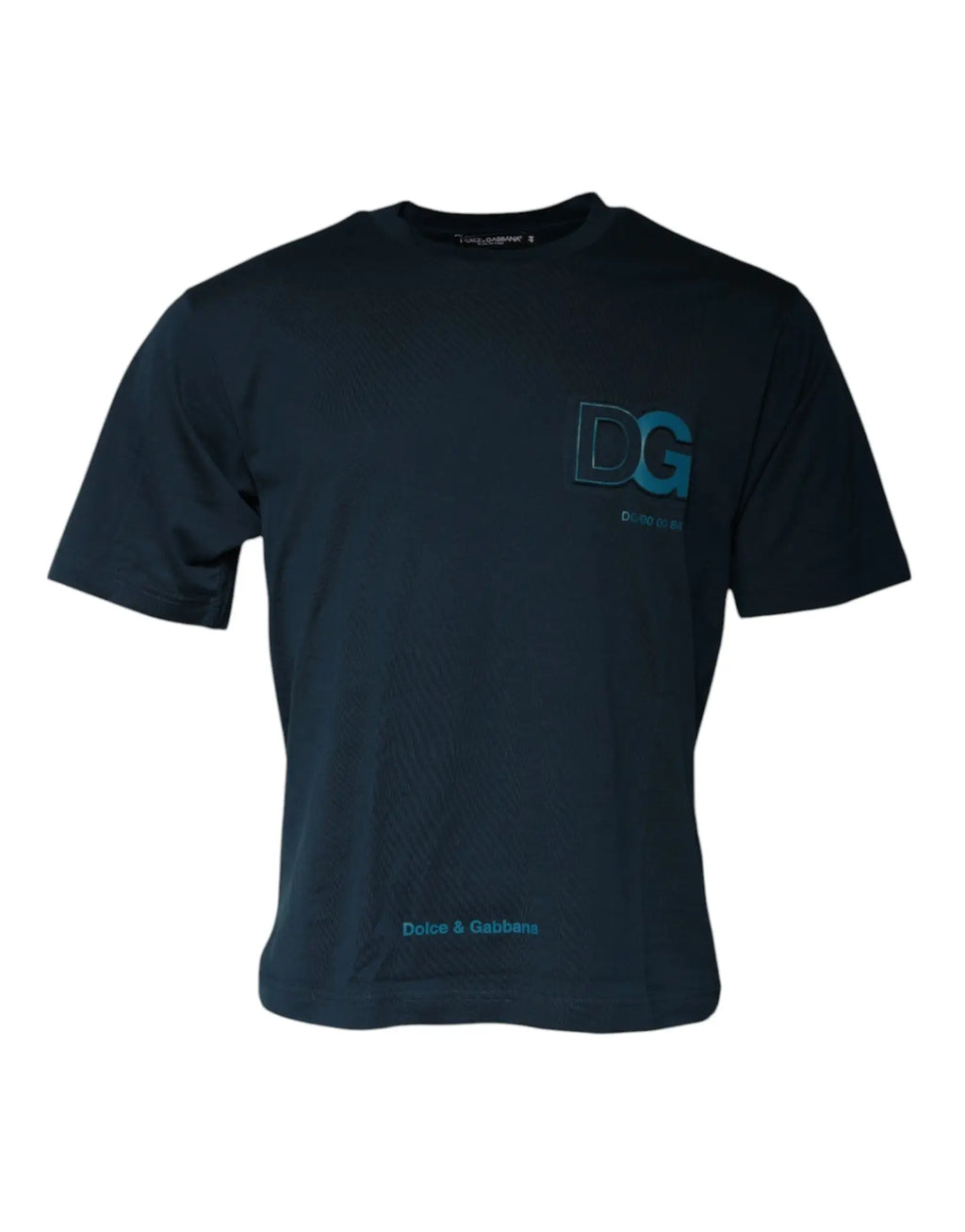 T-shirt dolce & gabbana noir avec logo dg bleu subtil sur la poitrine et nom de la marque sur l’ourlet inférieur