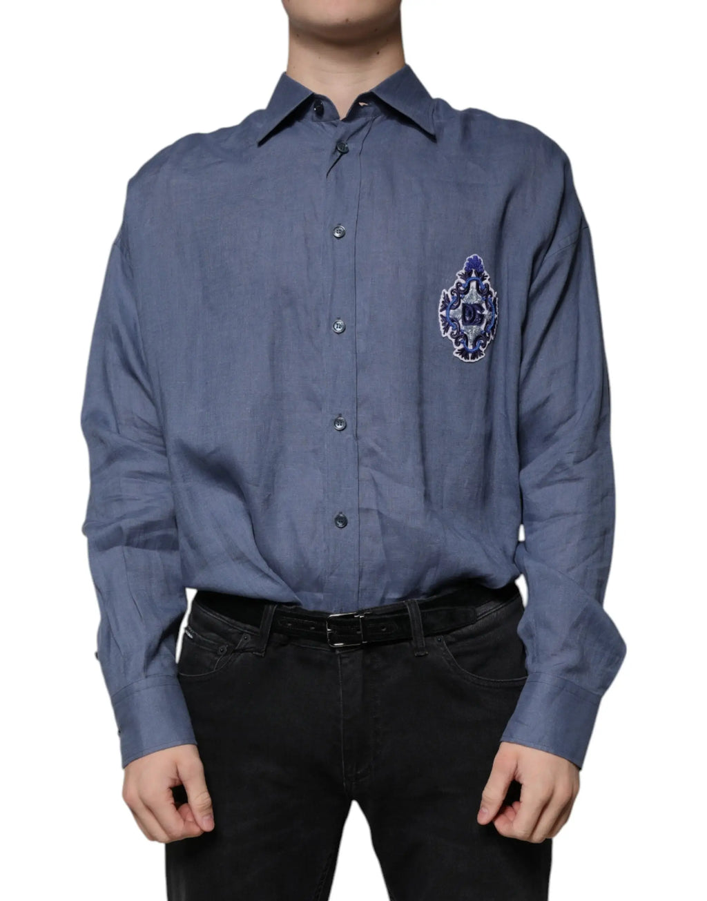 Chemise décontractée bleu marine dolce & gabbana à manches longues avec broderie détaillée sur la poitrine