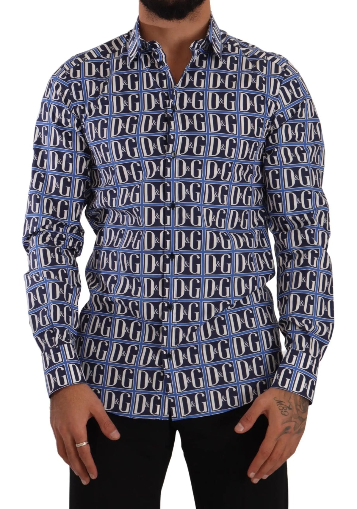 Chemise homme bleu et blanc à manches longues motif répété logo d&g slim fit en coton dolce gabbana