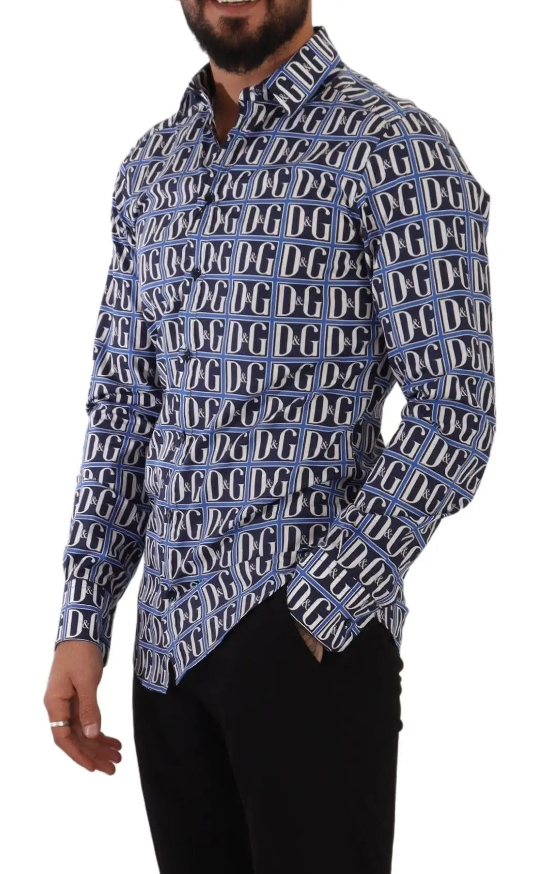 Chemise dolce et gabbana bleu logo mania à manches longues en coton slim fit avec motif logo bleu et blanc
