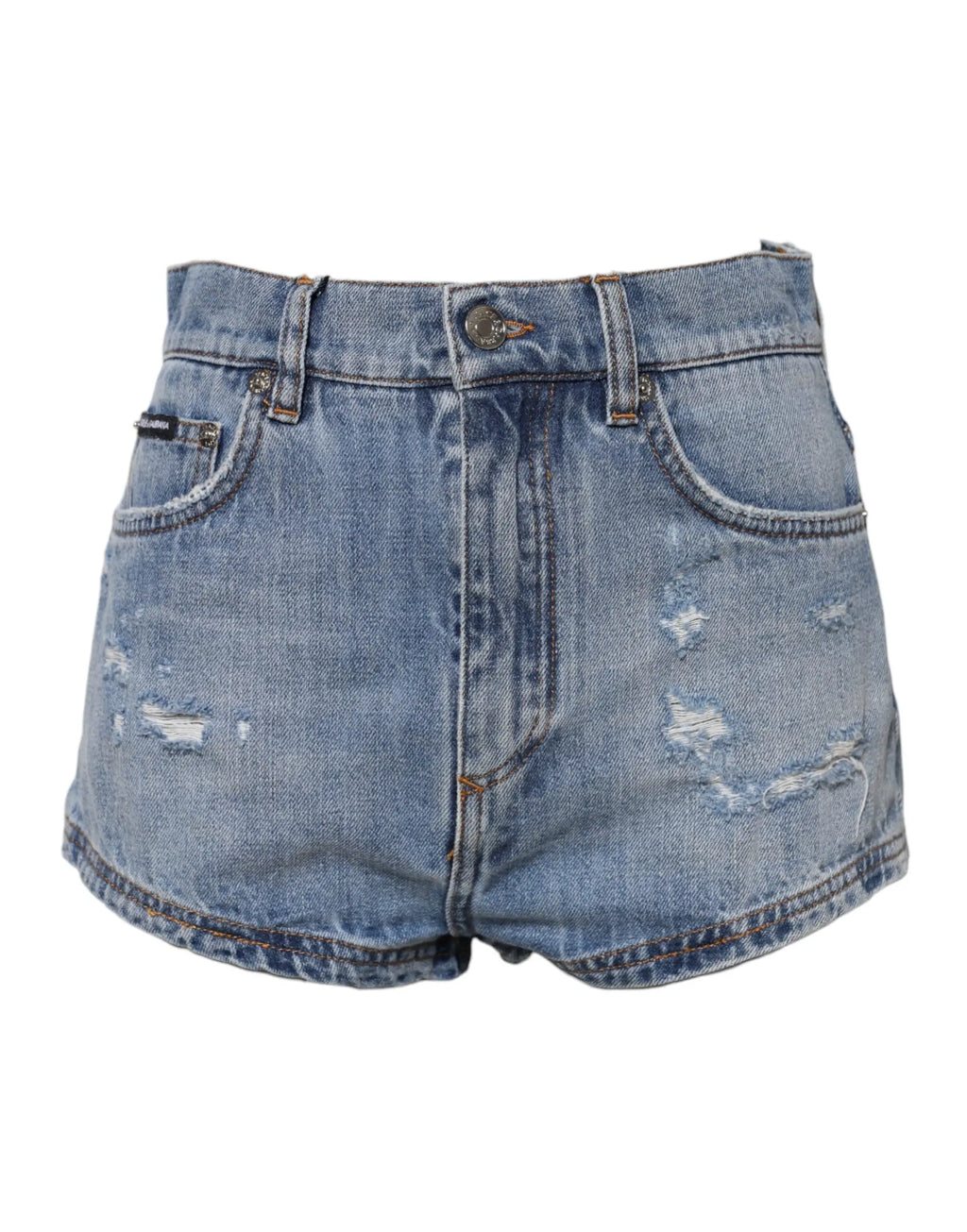 Short en jean délavé clair dolce & gabbana avec détails déchirés et plaque logo bleue en coton classique à cinq poches