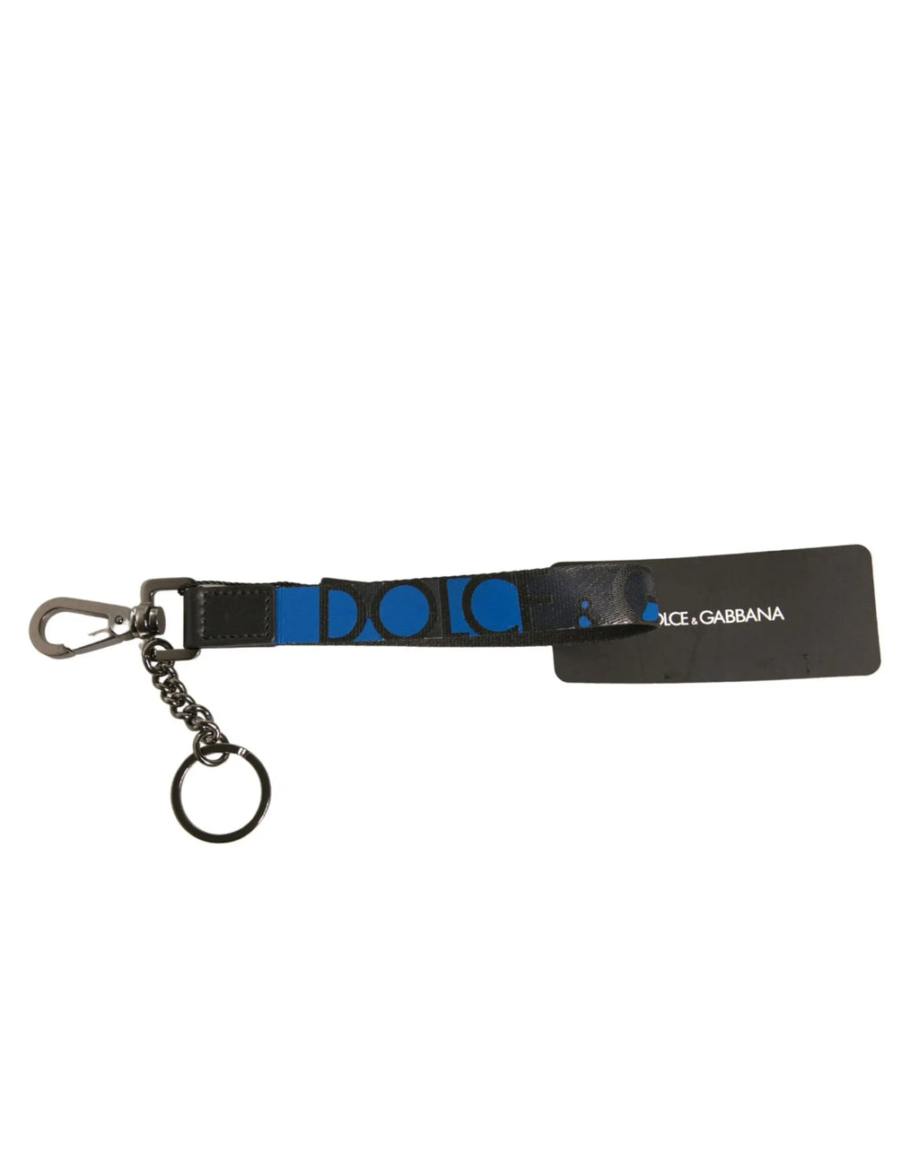 Porte-clés dolce & gabbana en cuir noir avec logo bleu polyester et anneau en laiton argenté