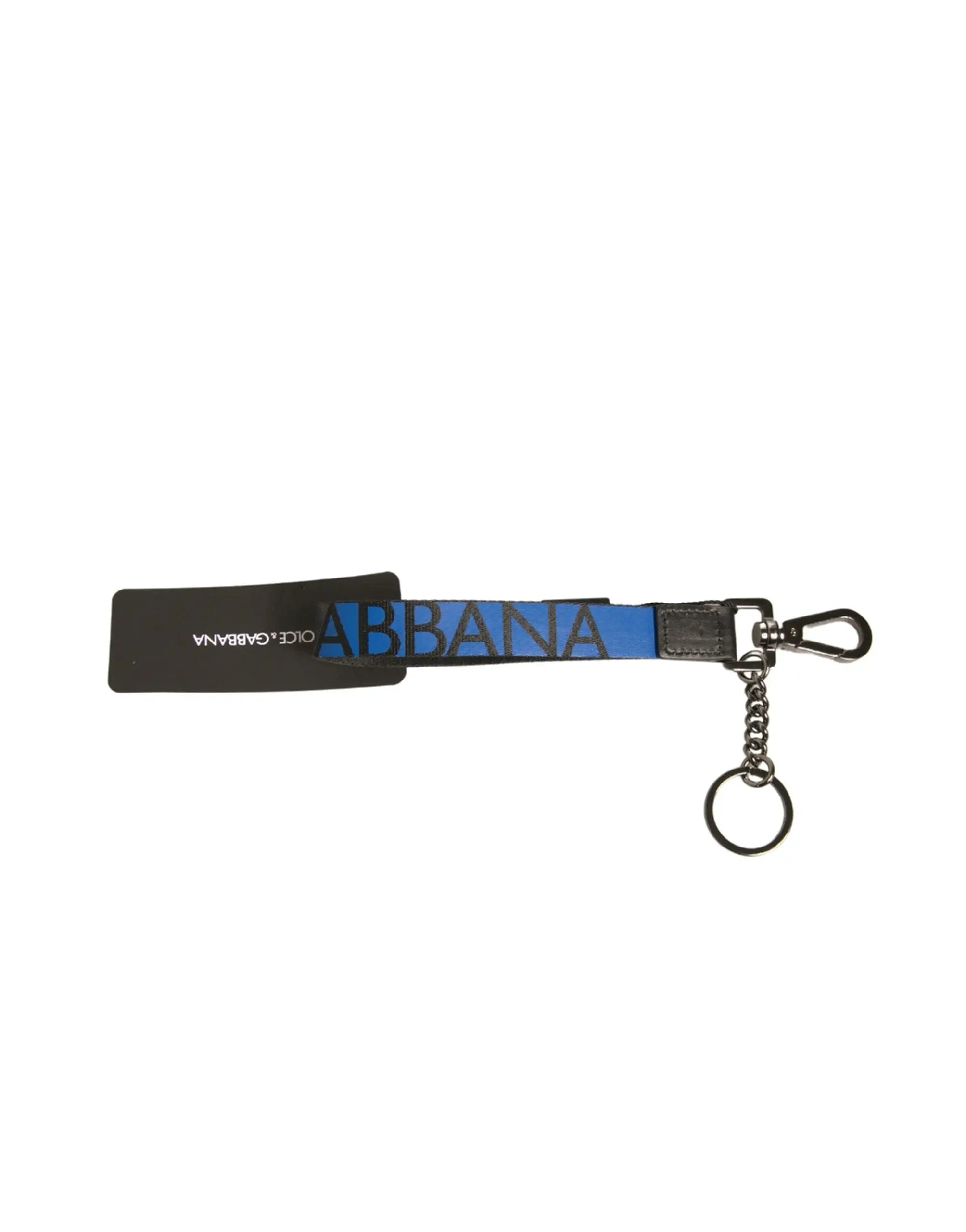 Porte-clés dolce & gabbana en cuir noir avec logo bleu et argent abbana en polyester et laiton avec mousqueton métallique