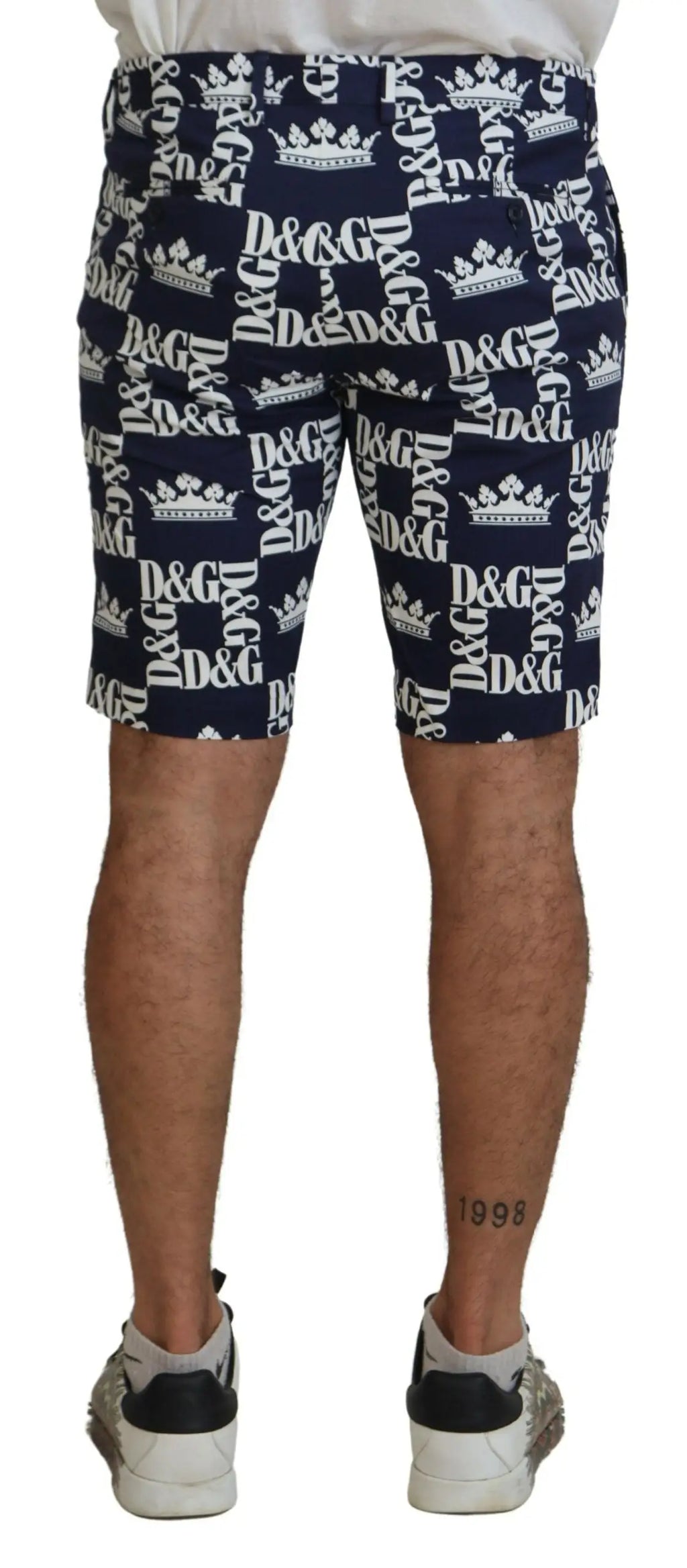 Dolce & gabbana shorts chinos en coton bleu marine avec motif logo blanc et couronne pour homme