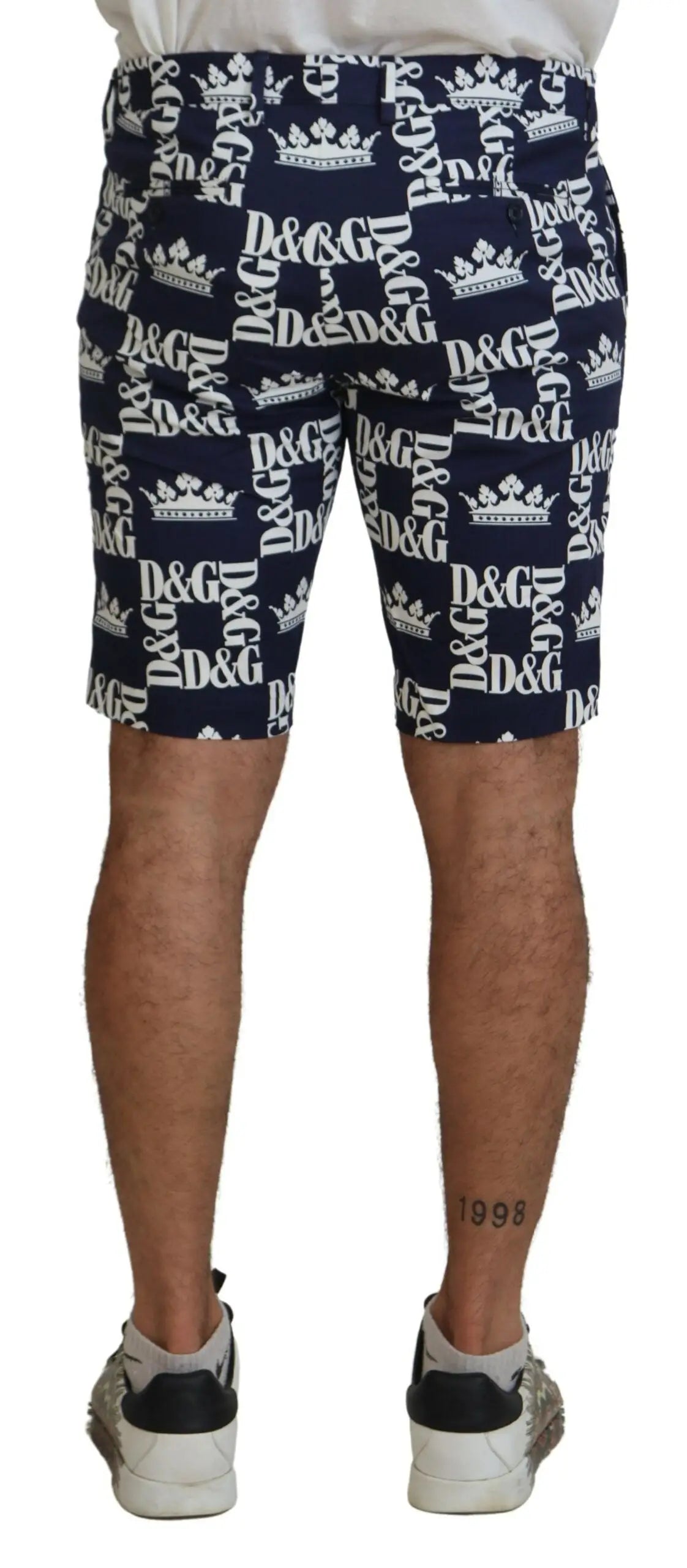 Dolce & gabbana shorts chinos en coton bleu marine avec motif logo blanc et couronne pour homme