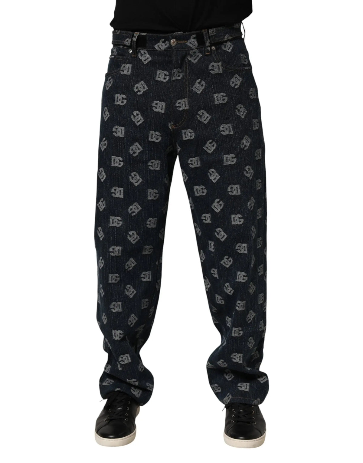 Jean droit pour homme dolce & gabbana en denim bleu foncé avec motif répété de logo dc gris