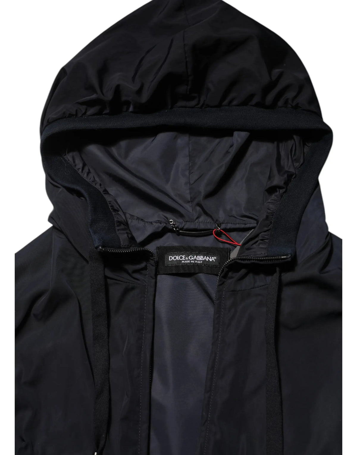 Veste bomber dolce gabbana noire en nylon brillant avec capuche et cordons, logo bleu sur bande complète zippée