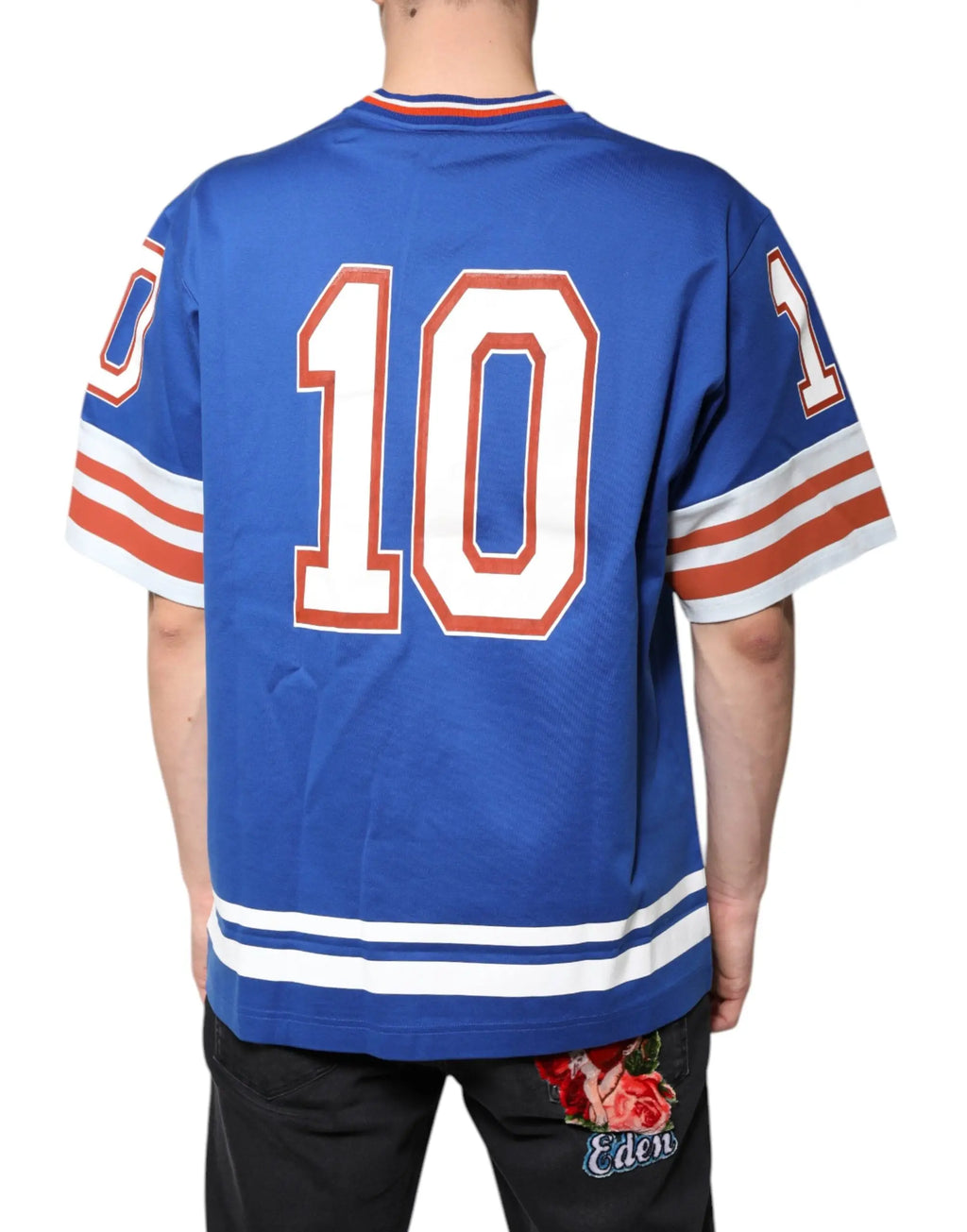 Vue arrière du t-shirt dolce & gabbana bleu logo en maille avec numéro 10 blanc et orange et manches rayées