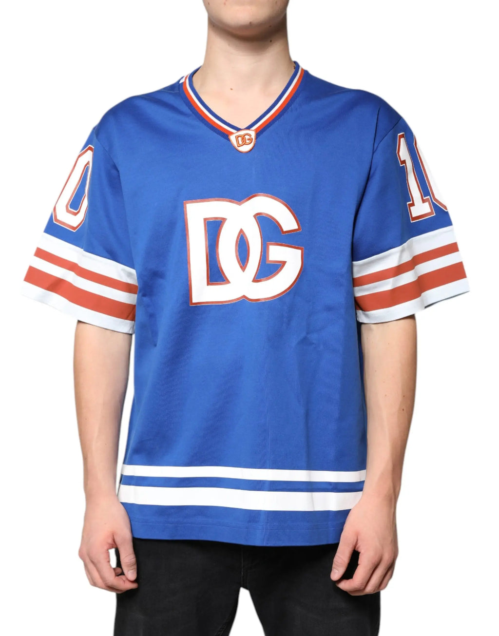 T-shirt dolce & gabbana bleu avec col en v manches courtes logo dc et chiffres 0 1 sur les manches