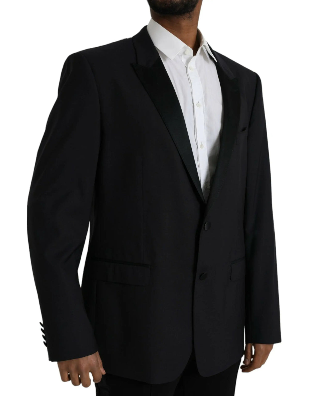 Dolce & Gabbana blue martini blazer noir en satin avec col à revers et fermeture à deux boutons