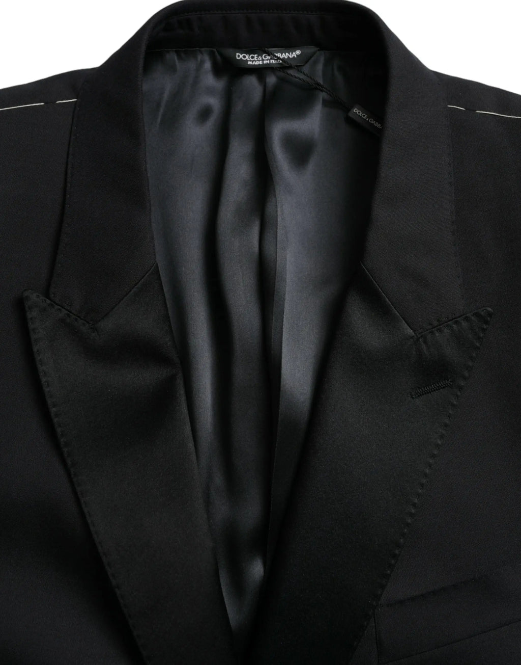 Dolce & gabbana blue martini single breasted coat blazer noir avec doublure satinée et coutures blanches discrètes