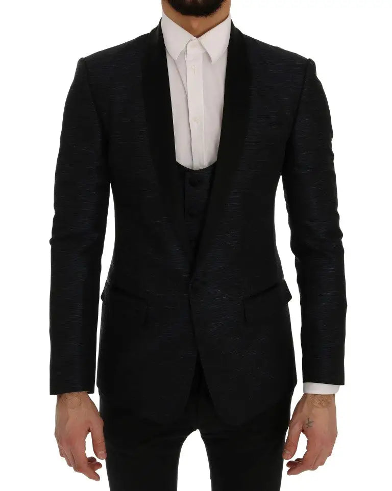 Veste de costume noir texturée avec revers en velours dolce & gabbana blue martini slim 2 pièces