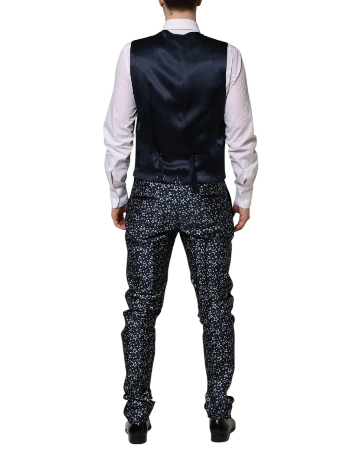 Gilet en satin bleu marine avec pantalon jacquard noir et blanc à motif floral dans le costume trois pièces dolce & gabbana blue martini star