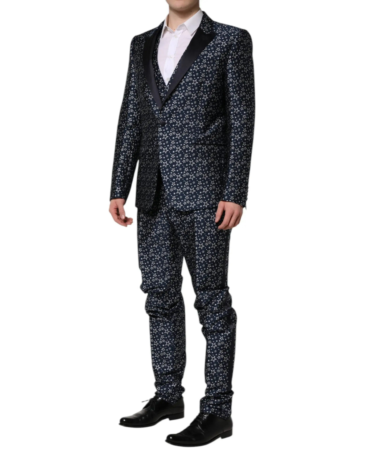 Black suit dolce & gabbana blue martini star jacquard with subtle white floral pattern and black satin lapels
