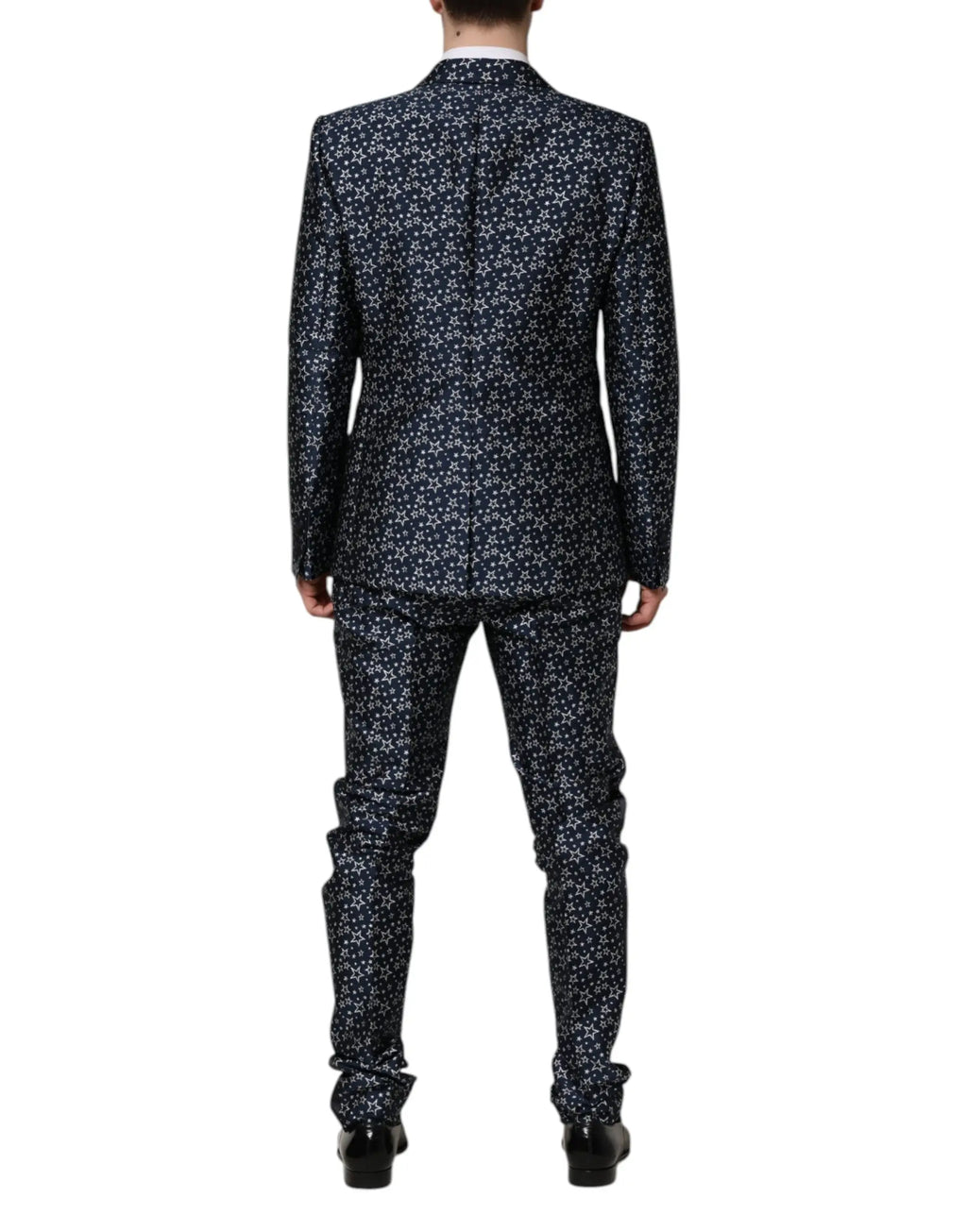 Costume trois pièces dolce & gabbana bleu martini avec motif géométrique blanc subtil en jacquard, coupe ajustée