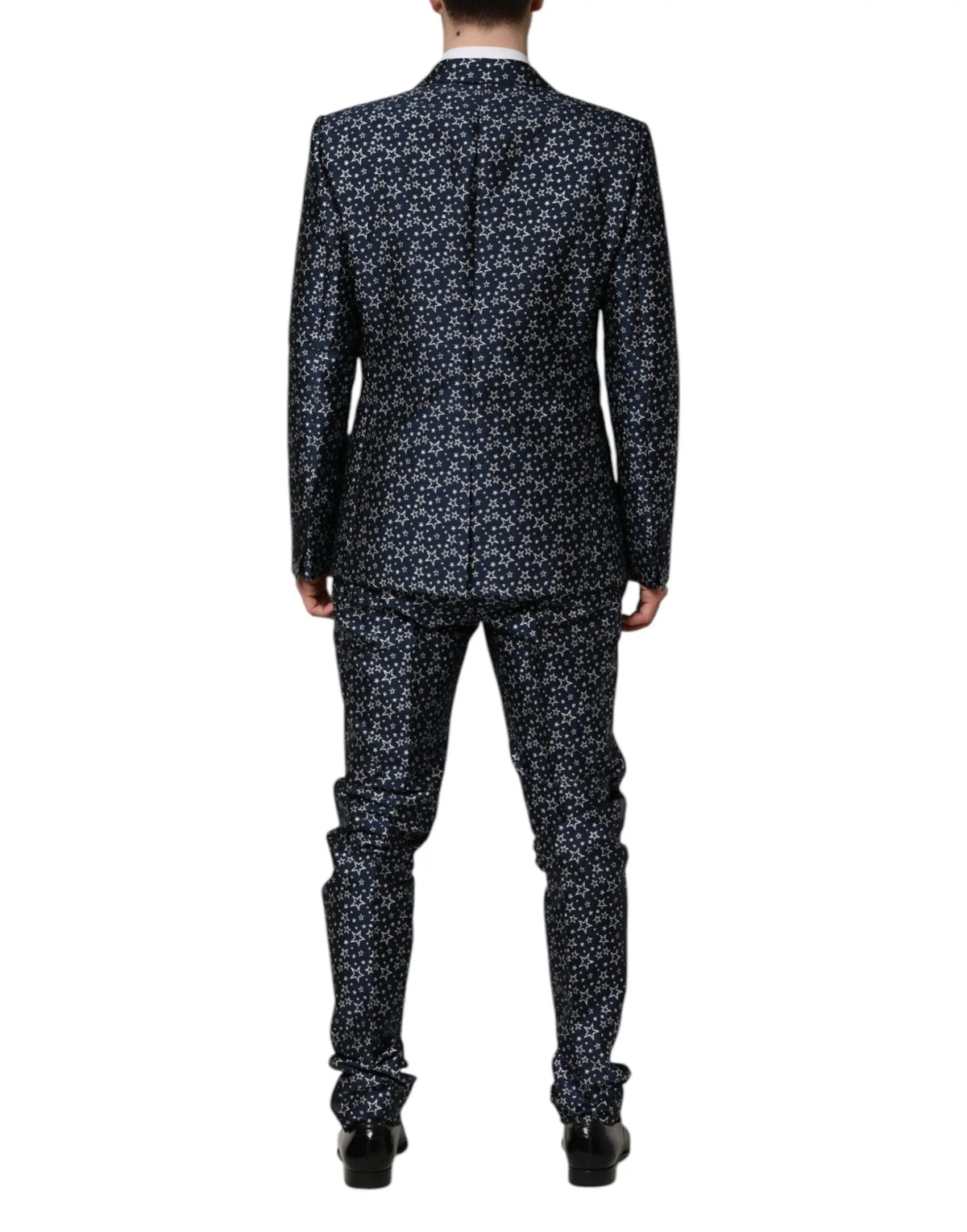 Costume trois pièces dolce & gabbana bleu martini avec motif géométrique blanc subtil en jacquard, coupe ajustée