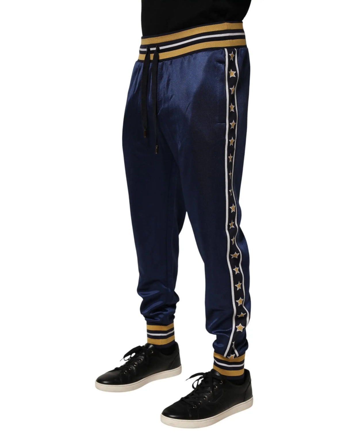 Dolce & gabbana pantalon jogger mi taille en nylon bleu marine avec bandes étoilées or et blanc en satin