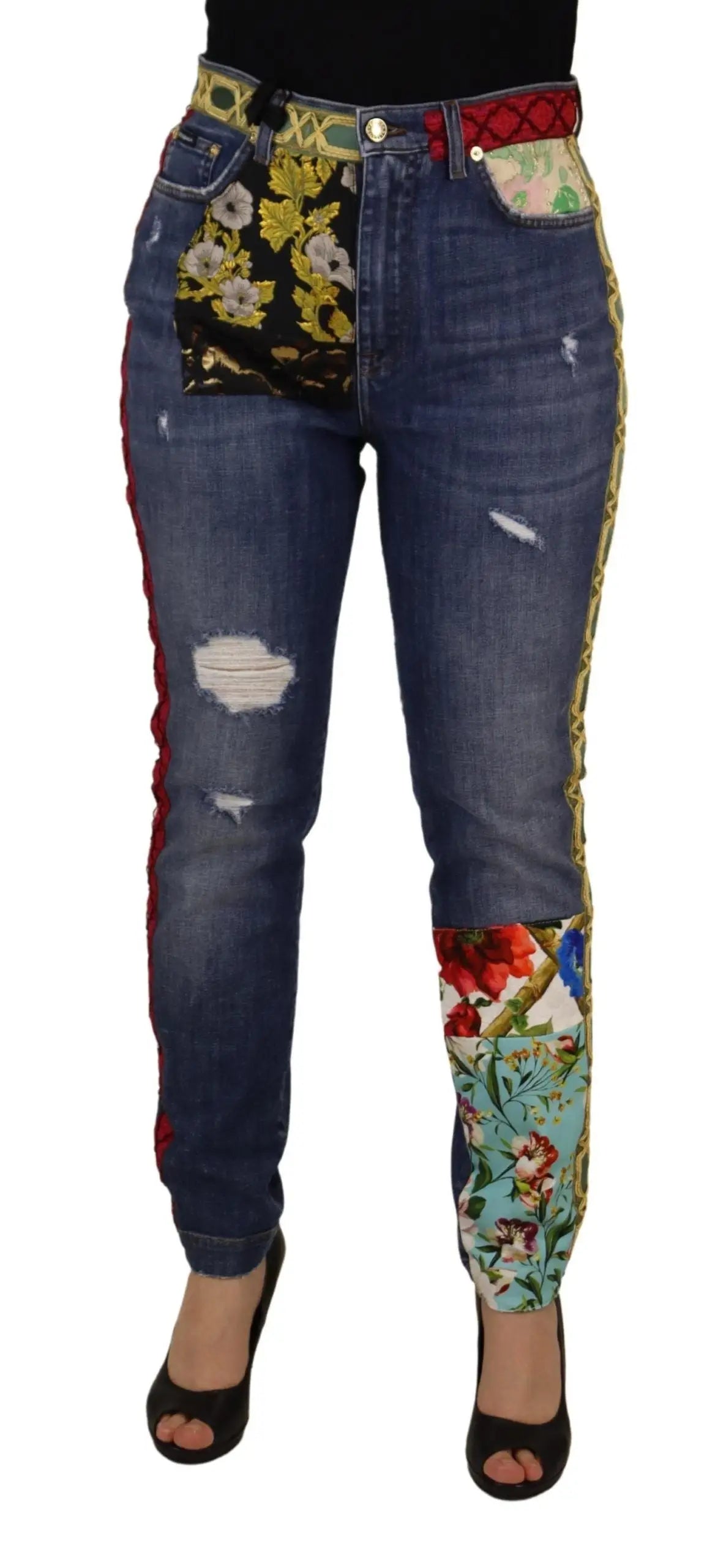 Jean en denim bleu dolce gabbana taille haute avec patchwork floral coloré et ceinture rouge à motif