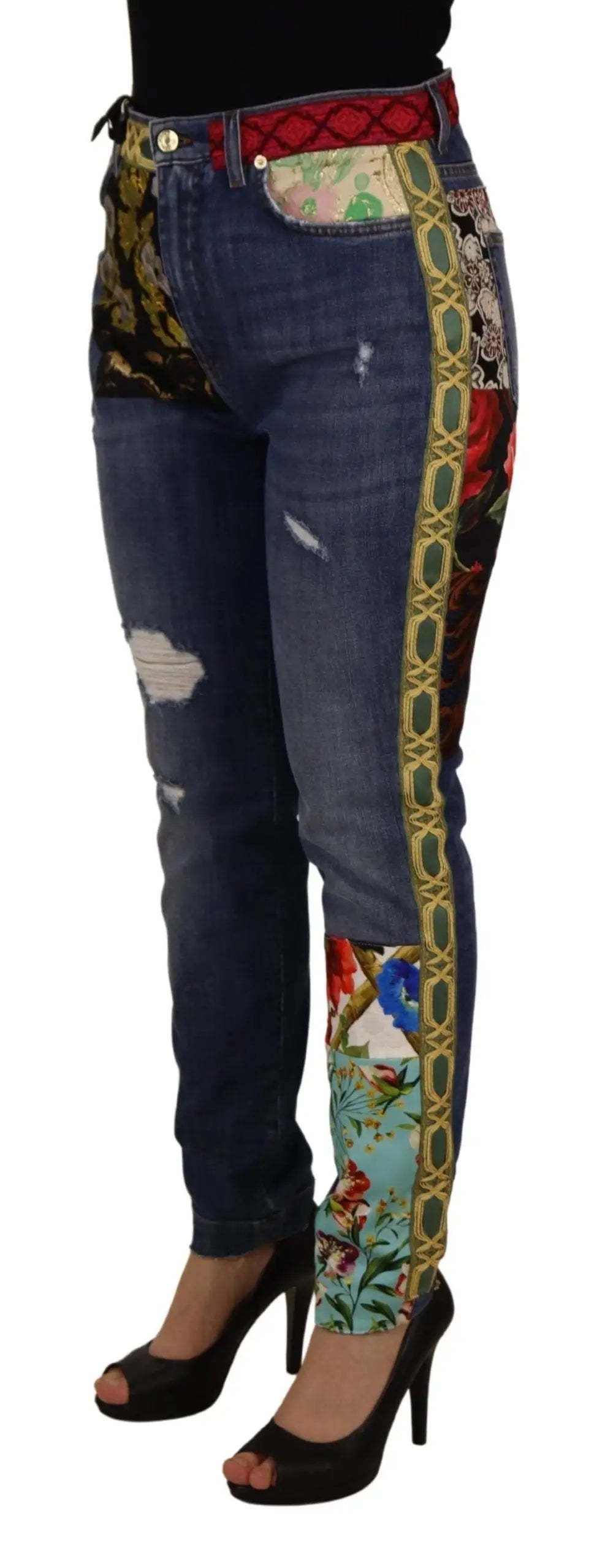 Dolce & Gabbana jean en denim bleu taille haute avec patchwork coloré et ceinture matelassée rouge