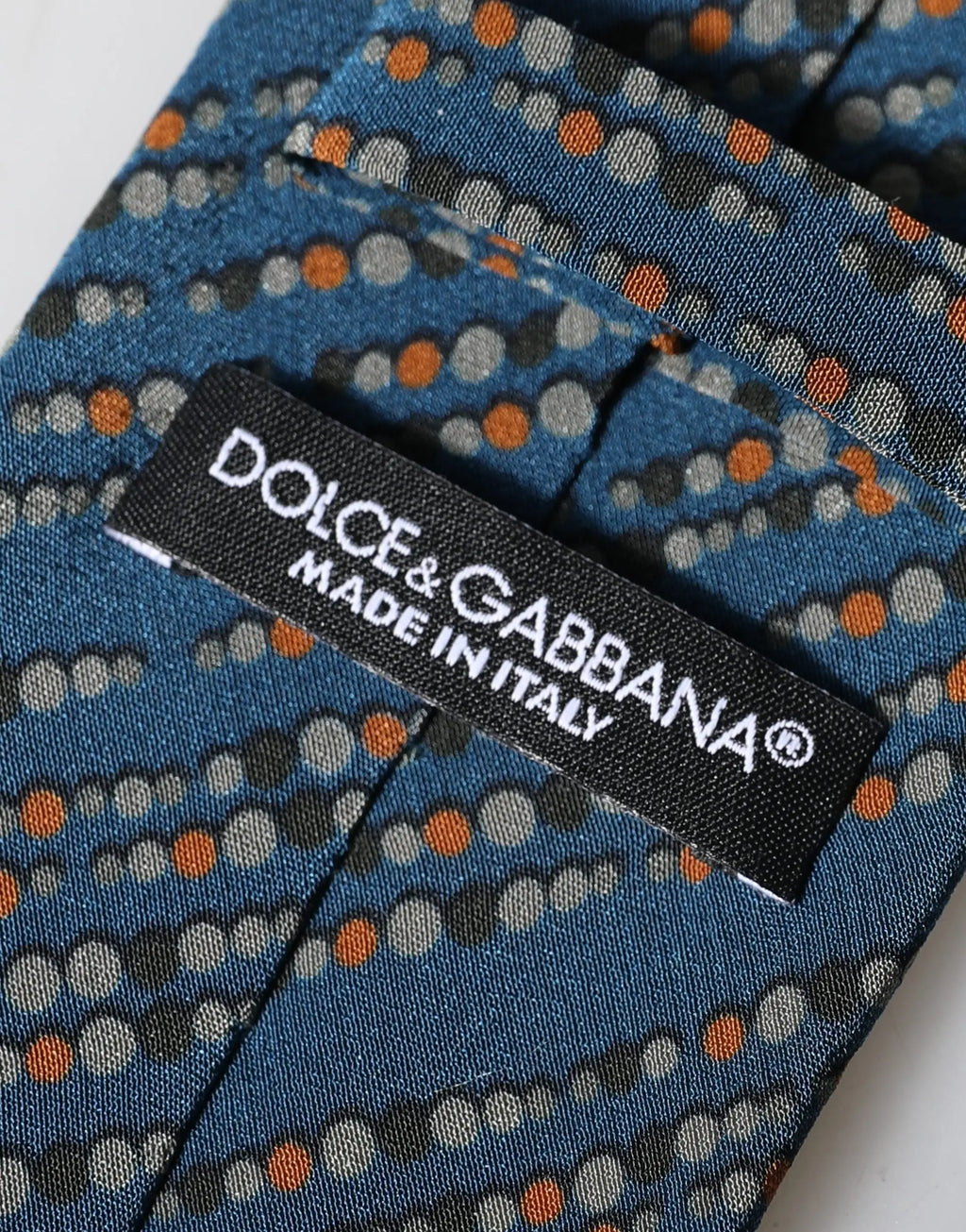 Dolce & Gabbana cravate homme bleue en soie 100 avec motif de points orange gris et noir ajustable