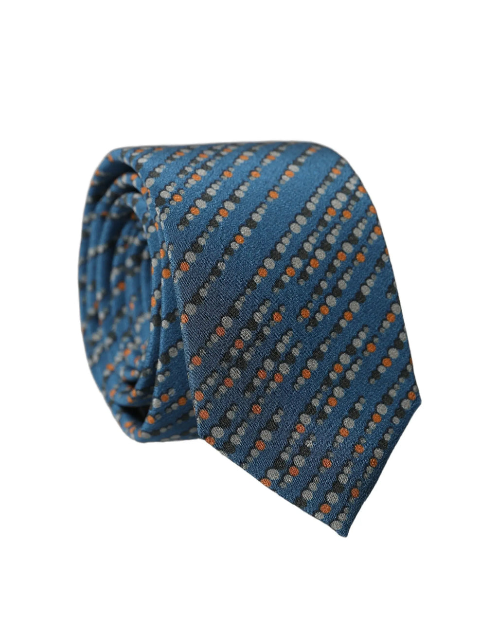 Cravate homme dolce gabbana bleue en soie 100 pourcent avec motif diagonal de points orange gris et noir ajustable