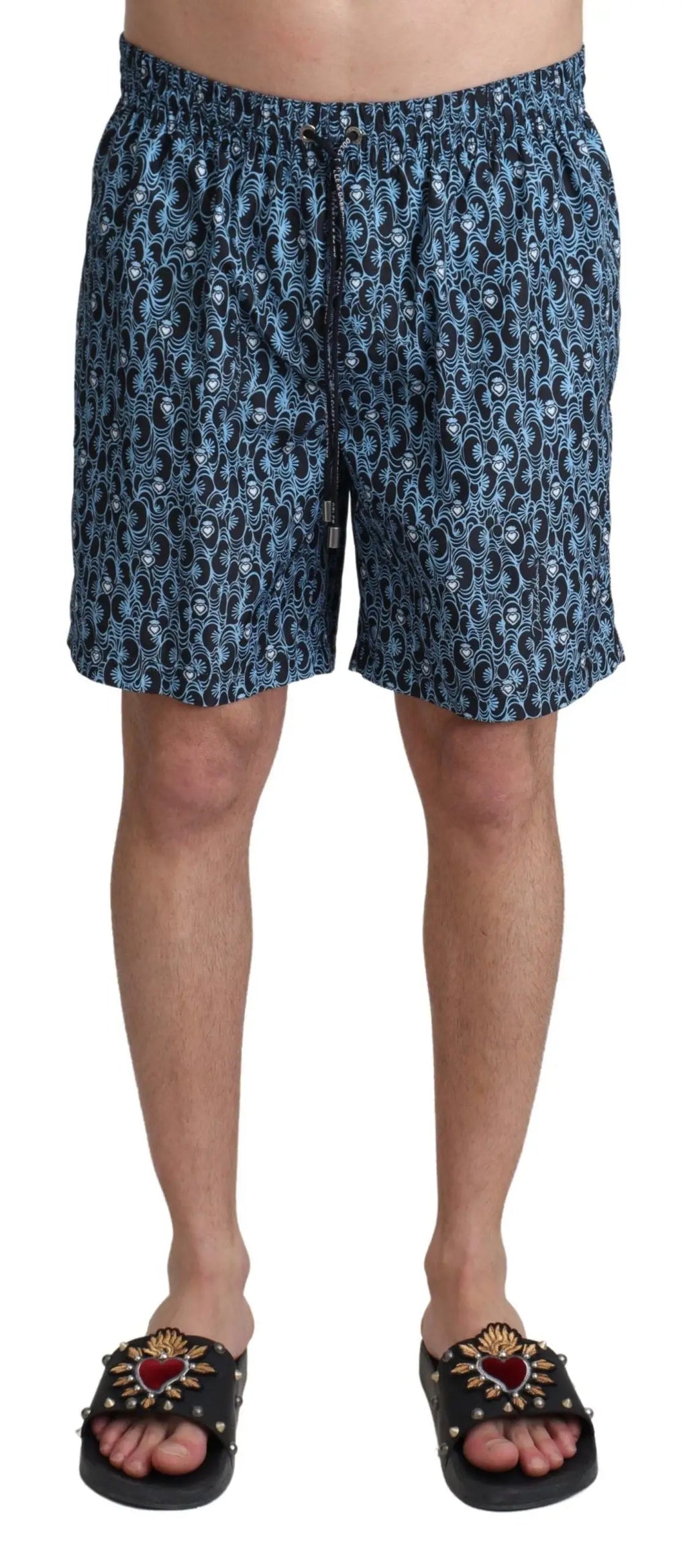 Short de bain dolce & gabbana bleu à motifs avec taille élastique et cordon, design noir et blanc complexe