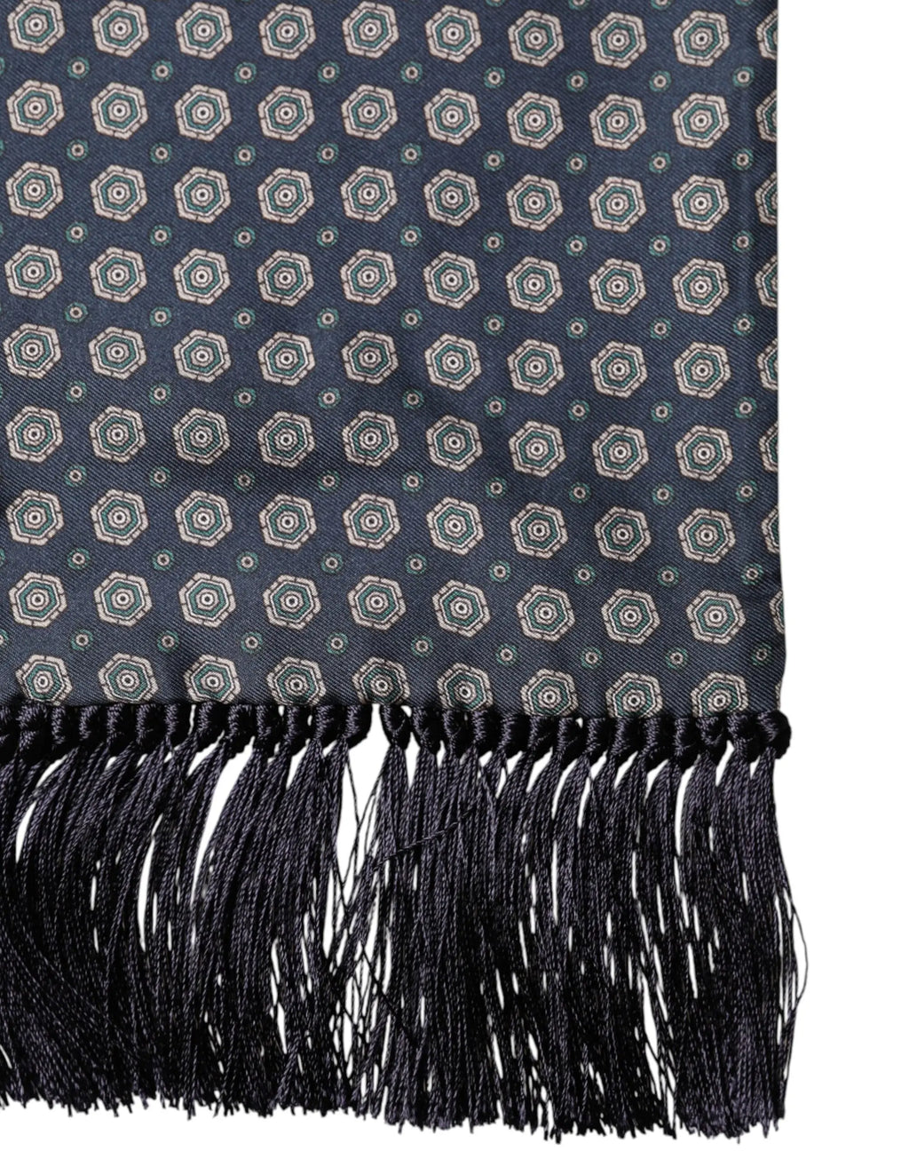 Écharpe foulard dolce & gabbana bleu en soie avec motif géométrique vert et crème et franges noires
