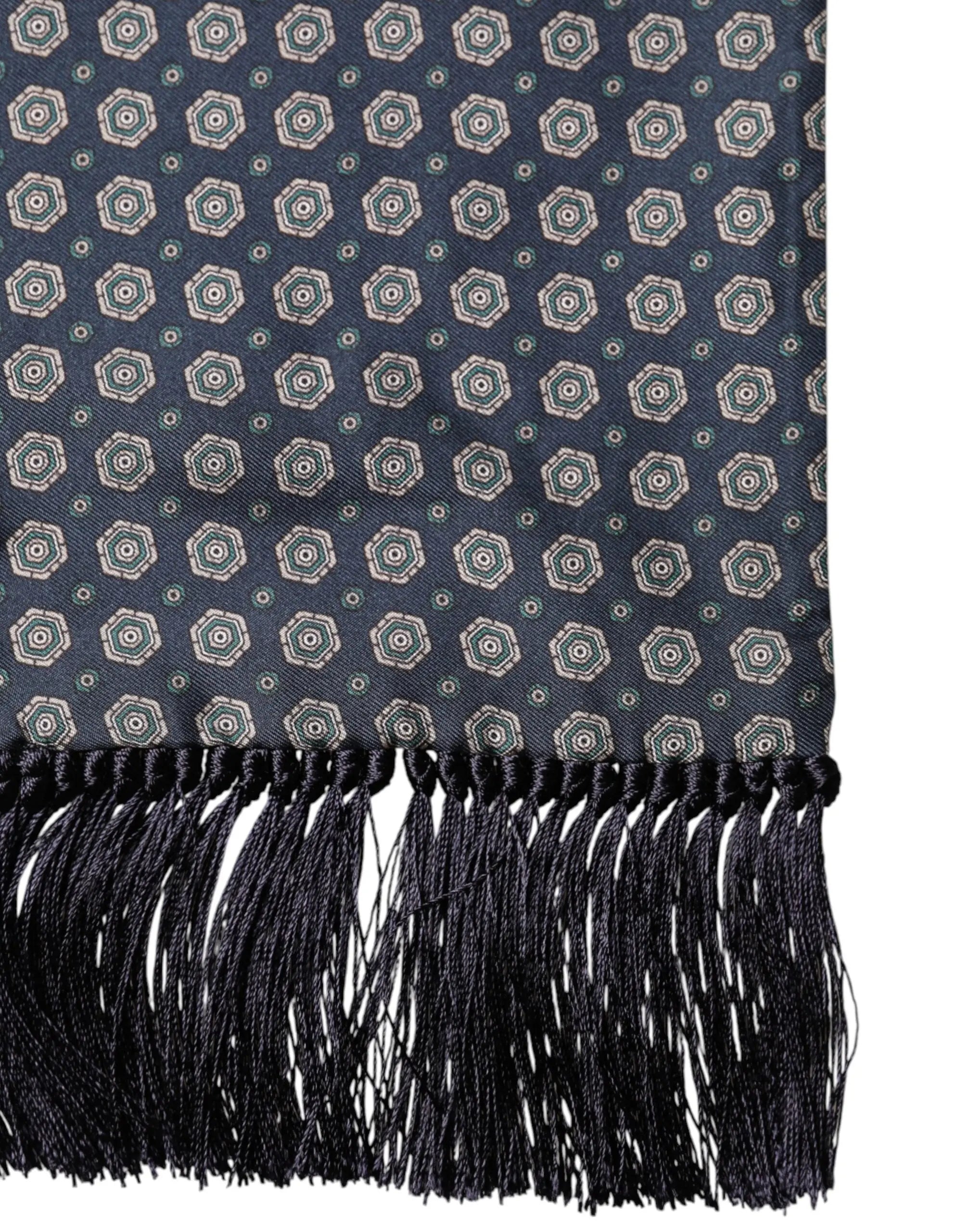 Écharpe foulard dolce & gabbana bleu en soie avec motif géométrique vert et crème et franges noires