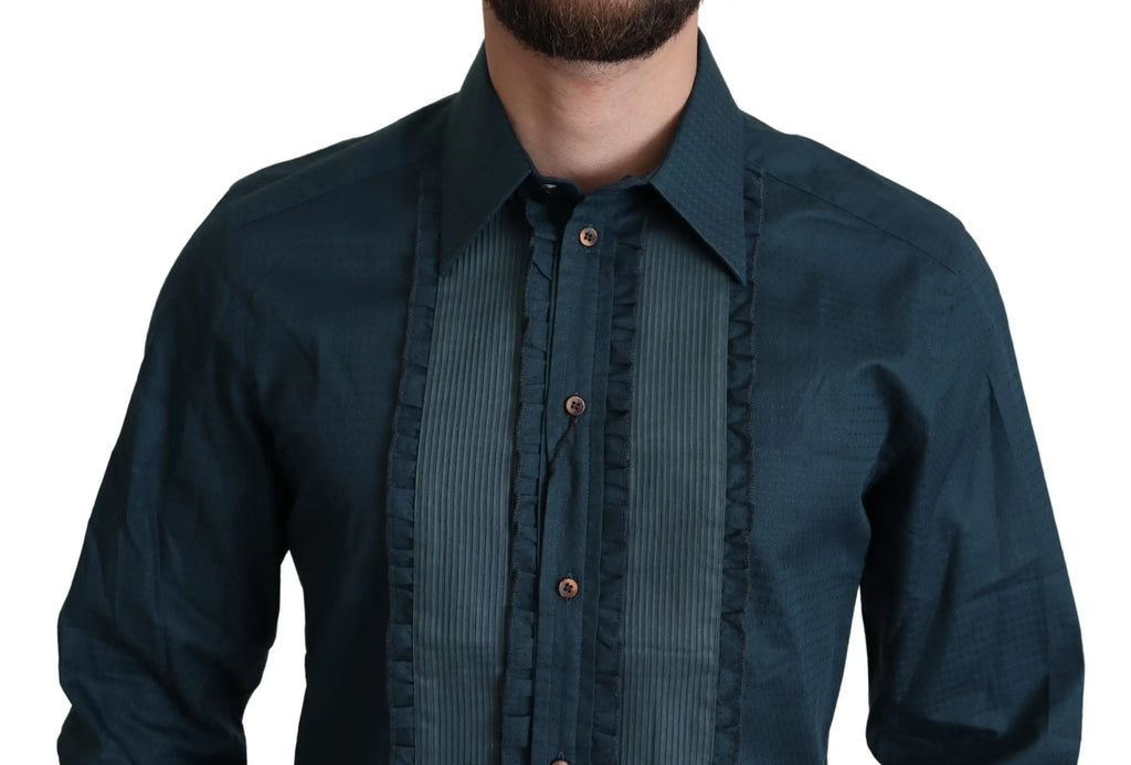 Chemise formelle dolce gabbana bleu en coton avec rayures verticales et volant sur la patte de boutonnage