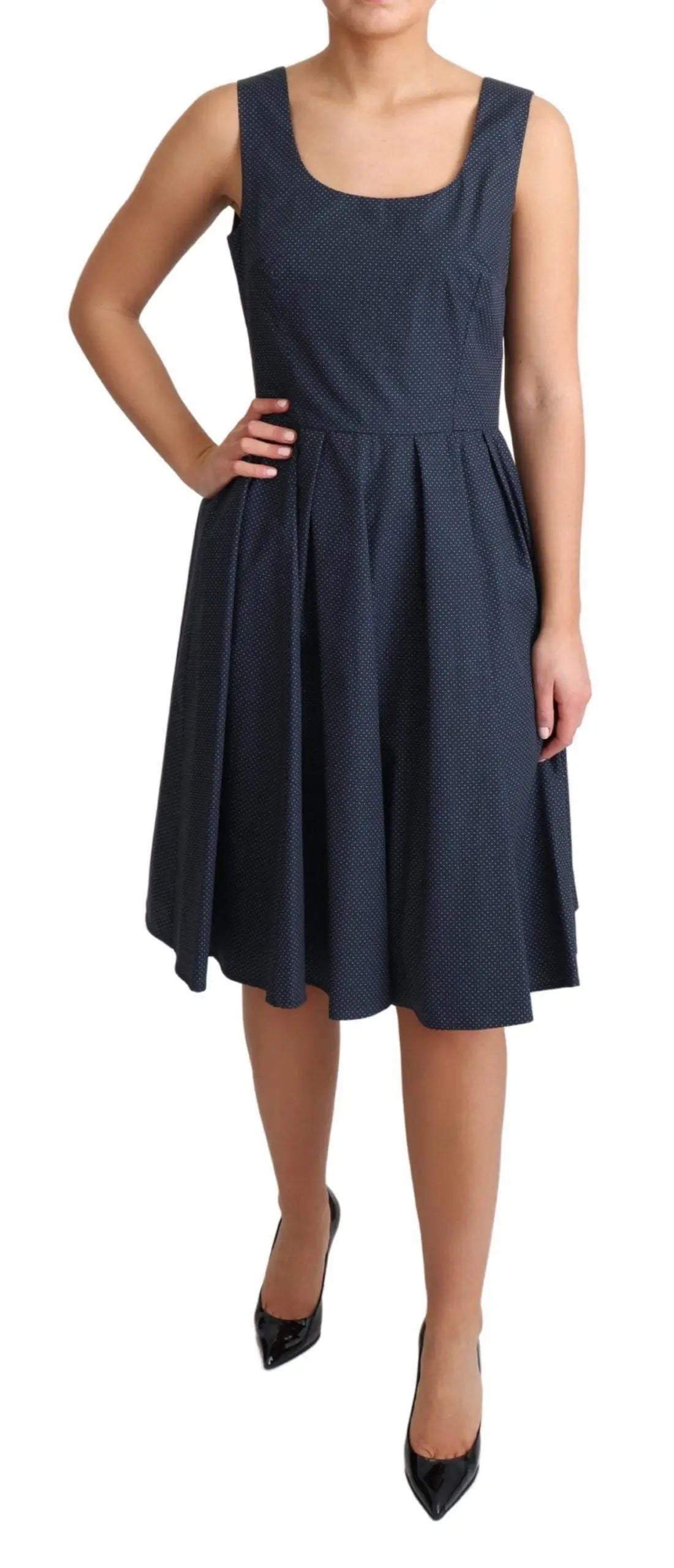 Robe bleu marine sans manches dolce & gabbana en coton à pois avec jupe évasée et motif texturé subtil