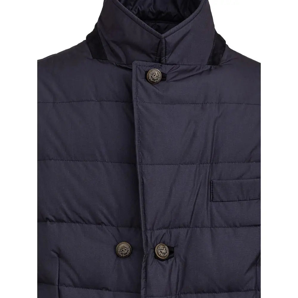 Dolce gabbana manteau bleu en polyester avec gilet matelassé bleu marine à col montant et boutons métalliques décoratifs