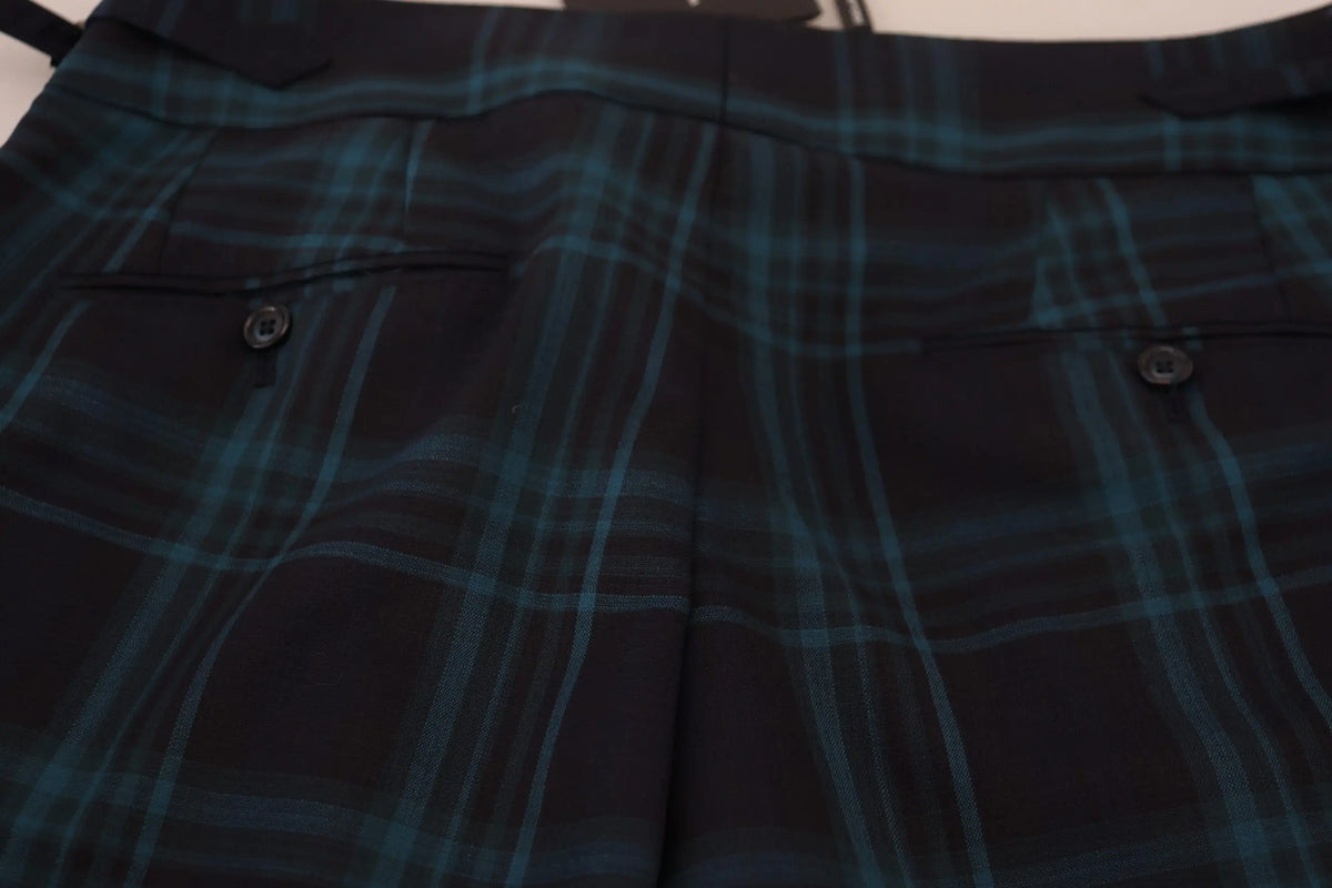 Jupe plissée à carreaux bleu foncé et sarcelle avec boutons noirs dolce gabbana en laine