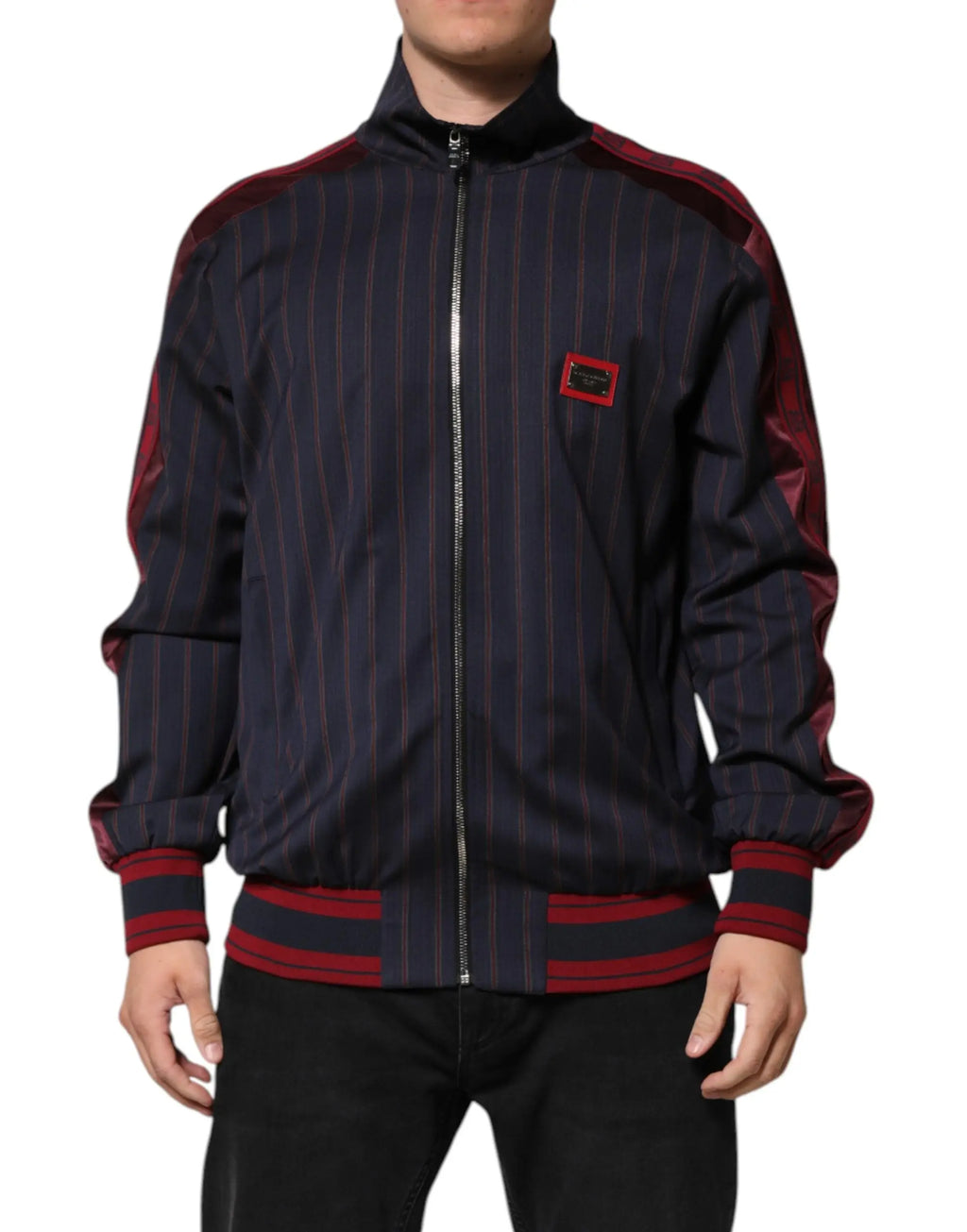 Veste à fermeture éclair intégrale dolce & gabbana bleu marine à rayures rouges avec logo rouge et accents bordeaux