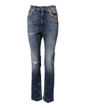 Jean denim bleu dolce & gabbana avec des strass rouges et dorés décorant la taille en denim foncé