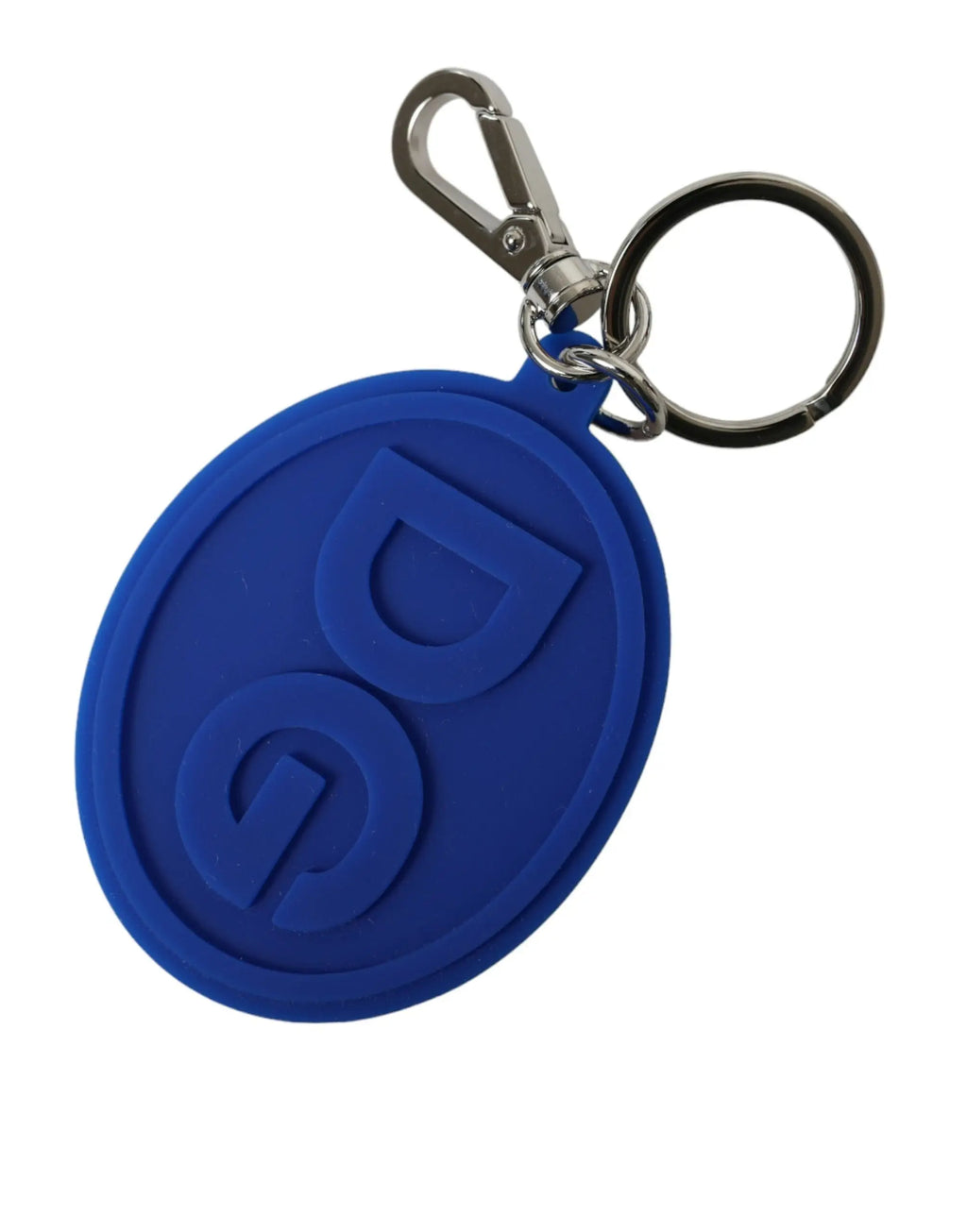 Porte-clés dolce & gabbana bleu en caoutchouc ovale avec logo dg et métal argenté en laiton et anneau en métal