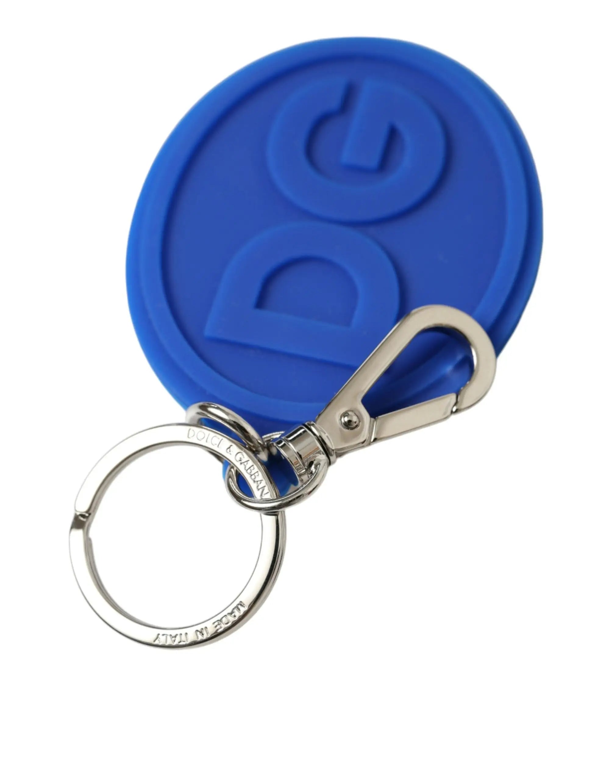 Porte-clés dolce & gabbana en caoutchouc bleu avec logo dg embossé, attache et anneau en métal argenté