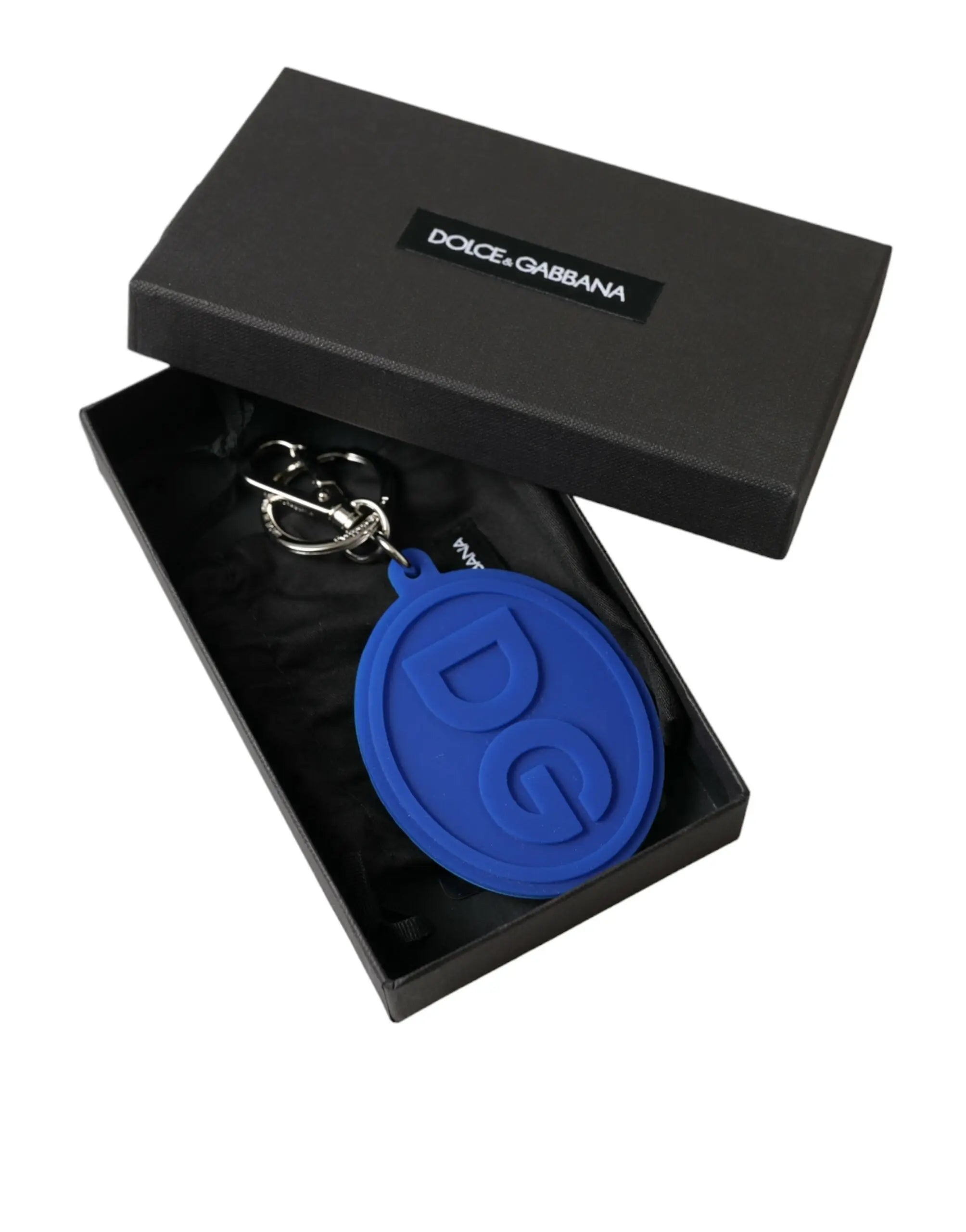 Dolce & gabbana porte-clés ovale bleu en silicone avec logo dg en relief et anneau en laiton argenté